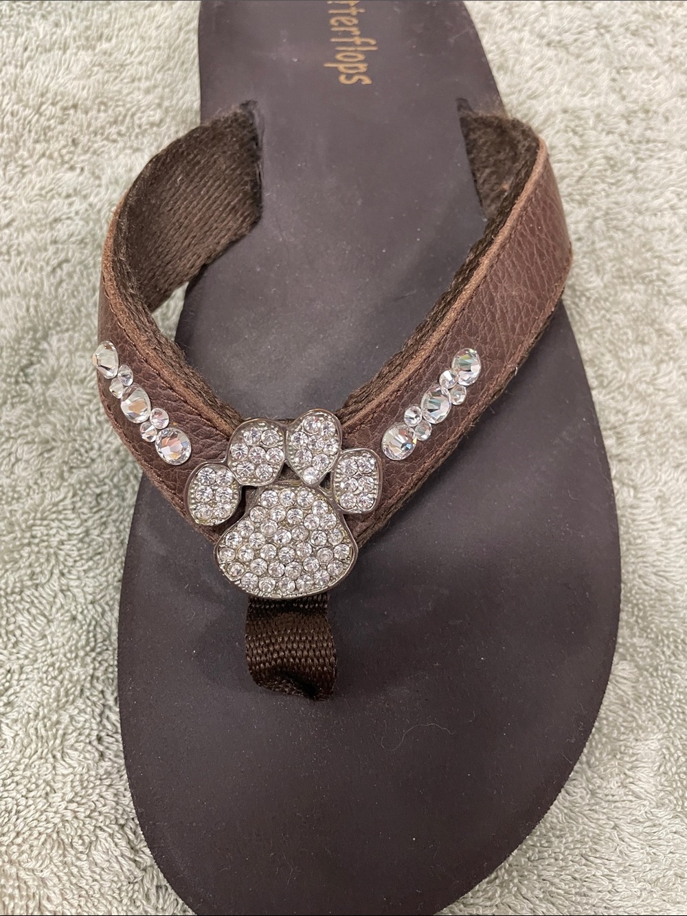 Brown Rhinestone Paw-Accent Flip Flop Sandals for Women - Picture 10 of 11